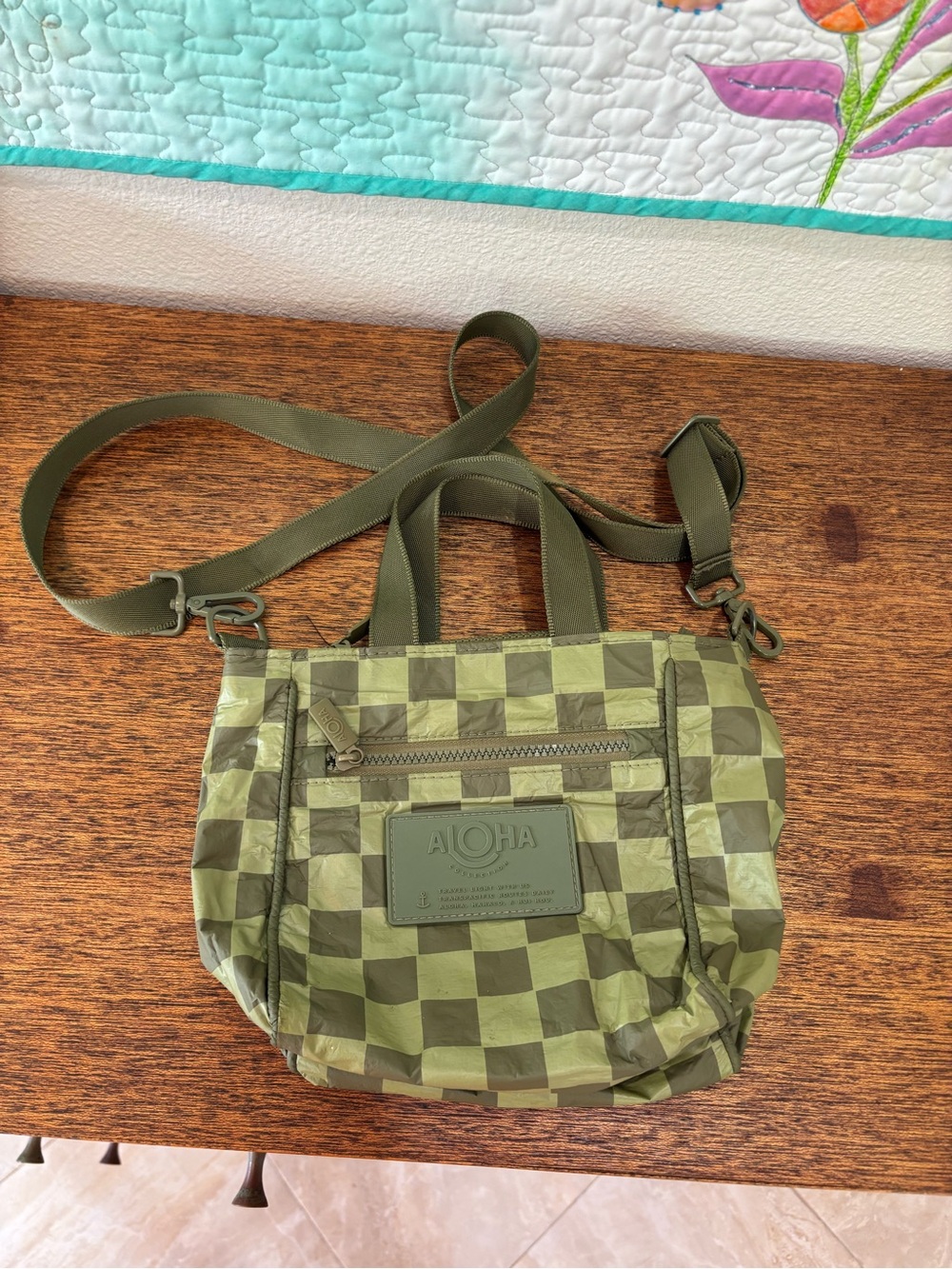 ALOHA collection Olive Green Checkered Small Crossbody Tote